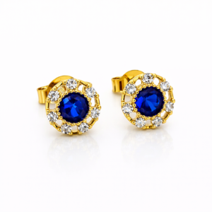 Aros Circulo Piedra Central Azul y Circones Oro Amarillo 18K