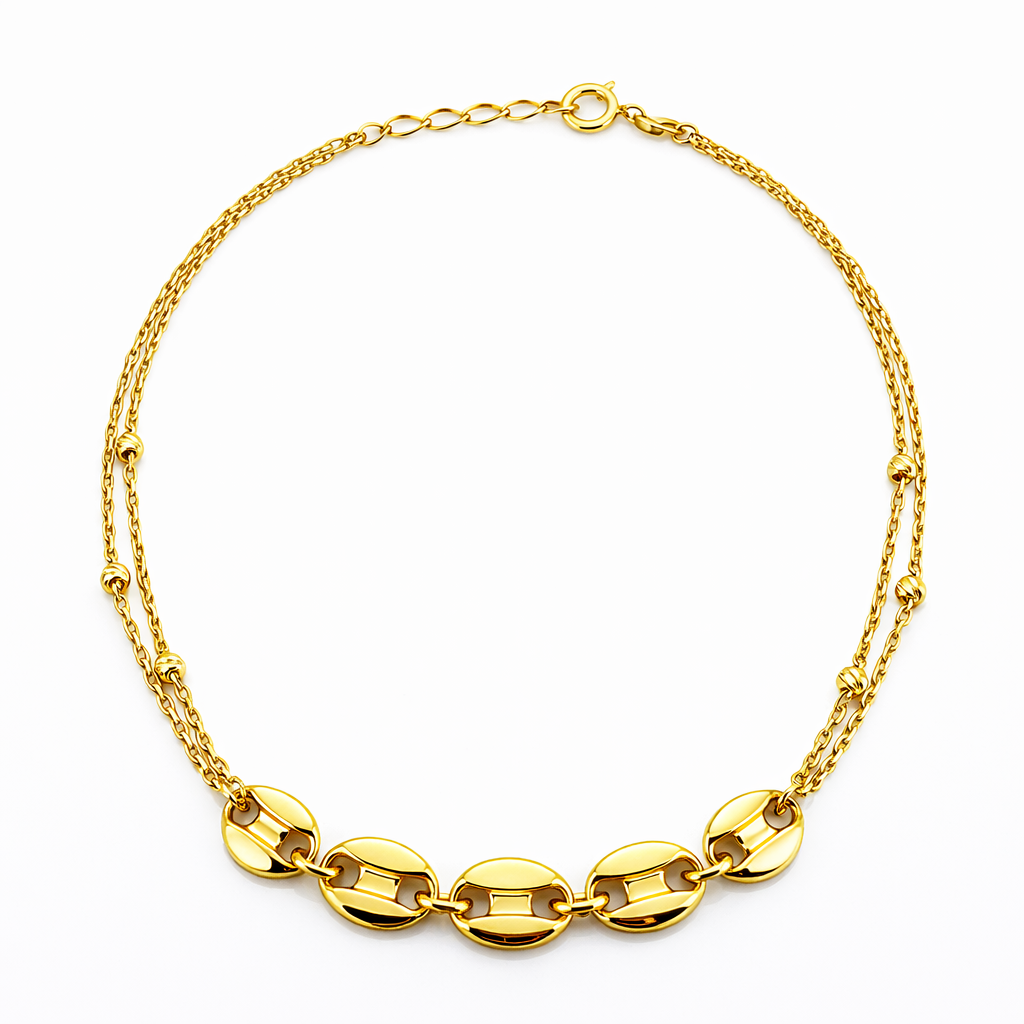 Pulsera Doble Cadena 6 Granos Oro Amarillo 18K