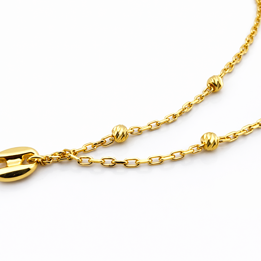 Pulsera Doble Cadena 6 Granos Oro Amarillo 18K - Imagen 3