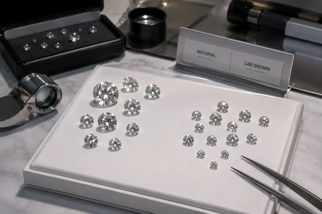 Imagen de diamantes naturales y de laboratorio en evalución