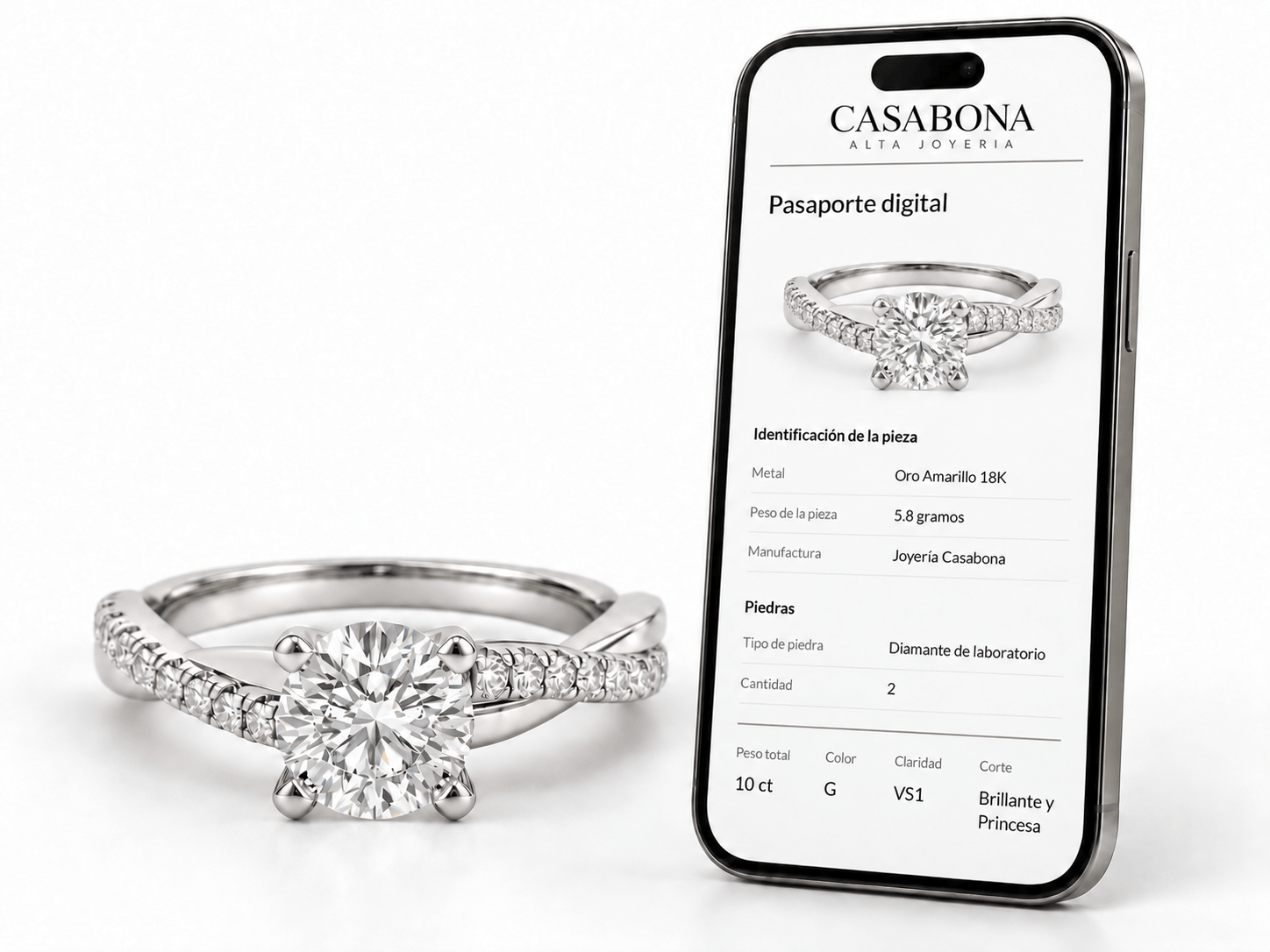 Anillo y celular mostrando el pasaporte digital Casabona